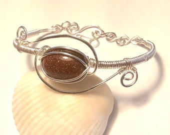 Silver Wire Wrap Goldstone Cabochon Bangle Bracelet