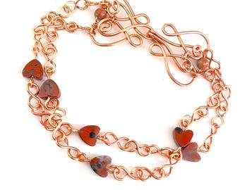 Heart Jasper Copper Bracelet - Double Chain Gemstone, S Link