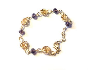 Gold Rose Bracelet with Iridescent Crystal Beads