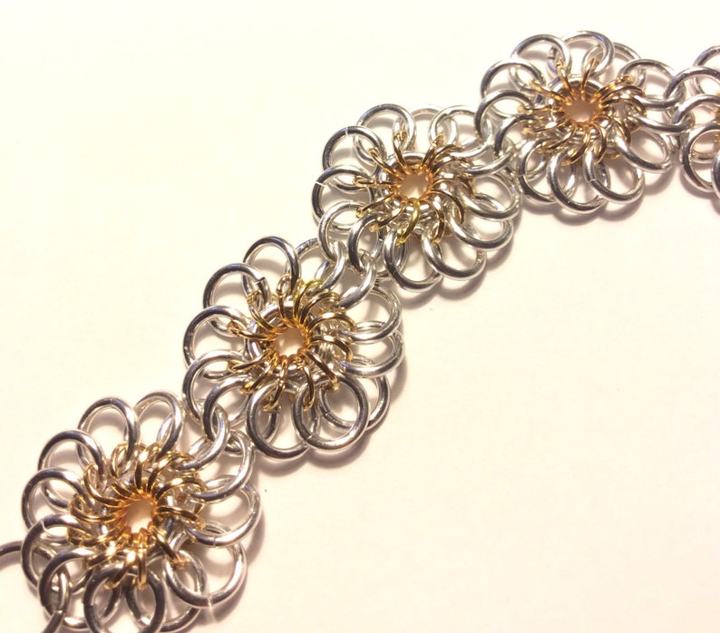 Silver and gold Chrysanthemum Flower Chainmaille Bracelet