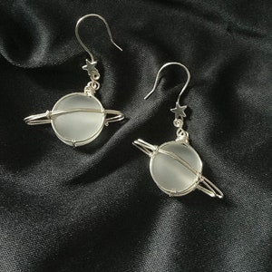 Silver Saturn Planet Earrings with Frosted Glass Cabochon