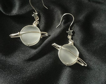 Silver Saturn Planet Earrings with Frosted Glass Cabochon