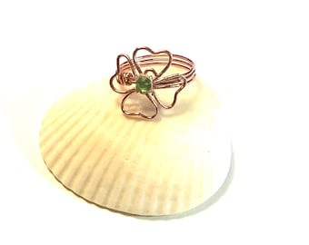 Copper Shamrock Ring with Green Crystal Rhinestone