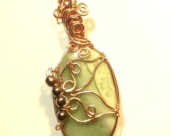 Copper Wire Wrapped Green Opal Cabochon Pendant with Butterfly Design