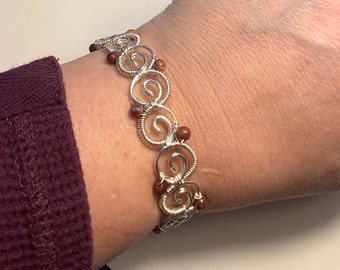 Silver Wire wrap Swirly Circles Bracelet with Brown Jasper Beads