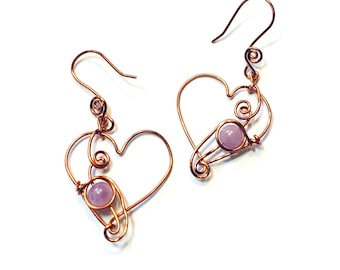 Wire wrapped Heart Earrings Antique Copper with Lavender Purple Amethyst Bead