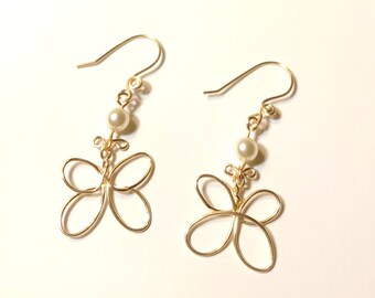 Gold Wire Butterfly Earrings with White Swarovski Pearl Bead
