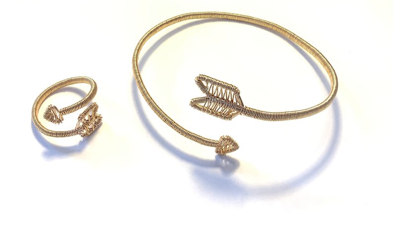 Gold Wire Wrapped Valentine Arrow Bracelet and Ring Set