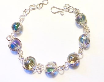 Silver Wire Wrapped Iridescent Bead Links Bracelet