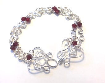 Heart Clasp Bracelet with Double Chain and Ruby Bicone Beads - Copper or Silver