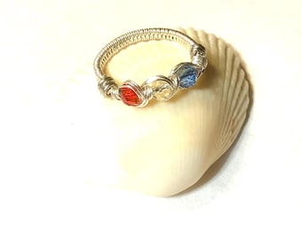 Silver Egyptian Wire Wrap Patriotic Ring with Red/Clear/Blue Crystals