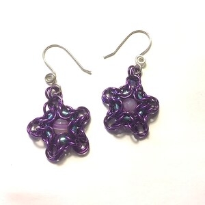 Purple Star Chainmaille Earrings with Purple Agate Gemstone Bead image 1