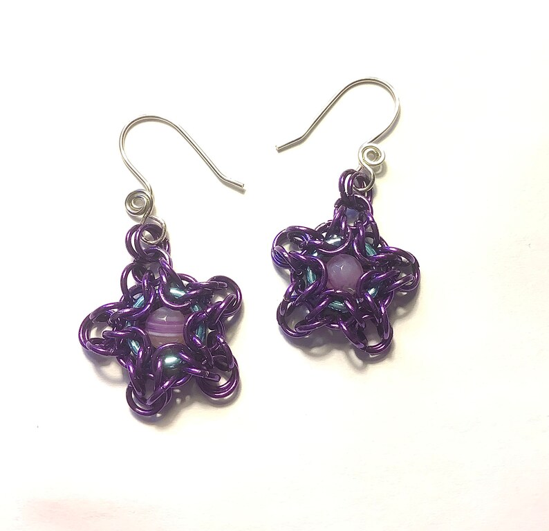 Purple Star Chainmaille Earrings with Purple Agate Gemstone Bead image 1