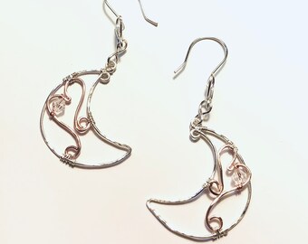 Silver Crescent Moon Earrings with Rose Gold Heart and Clear Crystal Bead