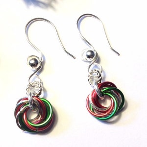 Christmas Earrings Red Green and Silver Mobius Knots
