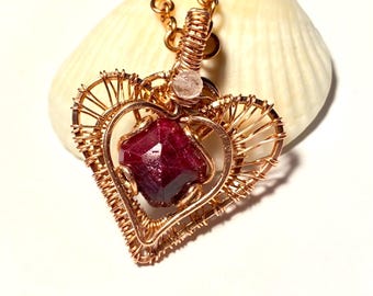 Copper Heart Pendant with African Pigeon Red Ruby