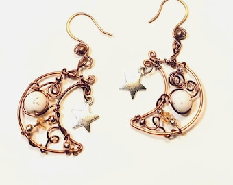 Copper Crescent Moon Earrings Boho Celestial Earrings with Wire Choices