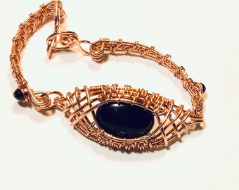 Wire Woven Copper Bracelet with Black Onyx Cabochon