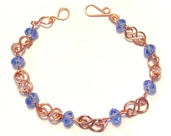 Copper Double Infinity Links Bracelet with Blue Crystal Rondelle Beads