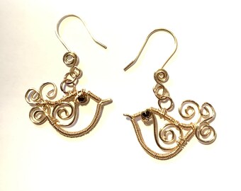 Wire Wrap Gold Bird Earrings with Swirl Design