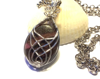 Silver Lattice Design Wire Wrapped Black and Purple Rhodonite Stone Pendant Oval Shape