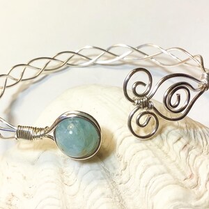 Silver Braided Bangle Bracelet with Aquamarine or Black Obsidian Bead