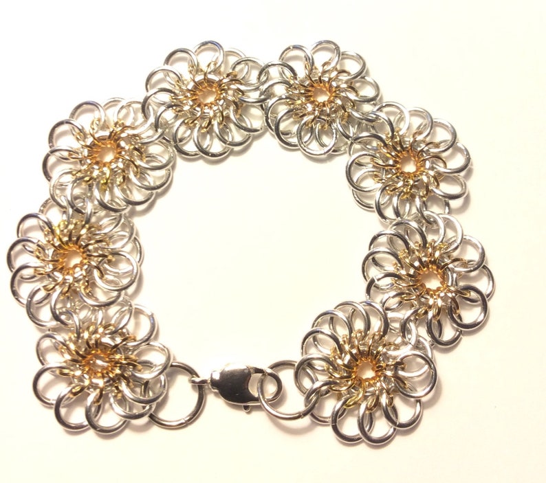 Silver and gold Chrysanthemum Flower Chainmaille Bracelet