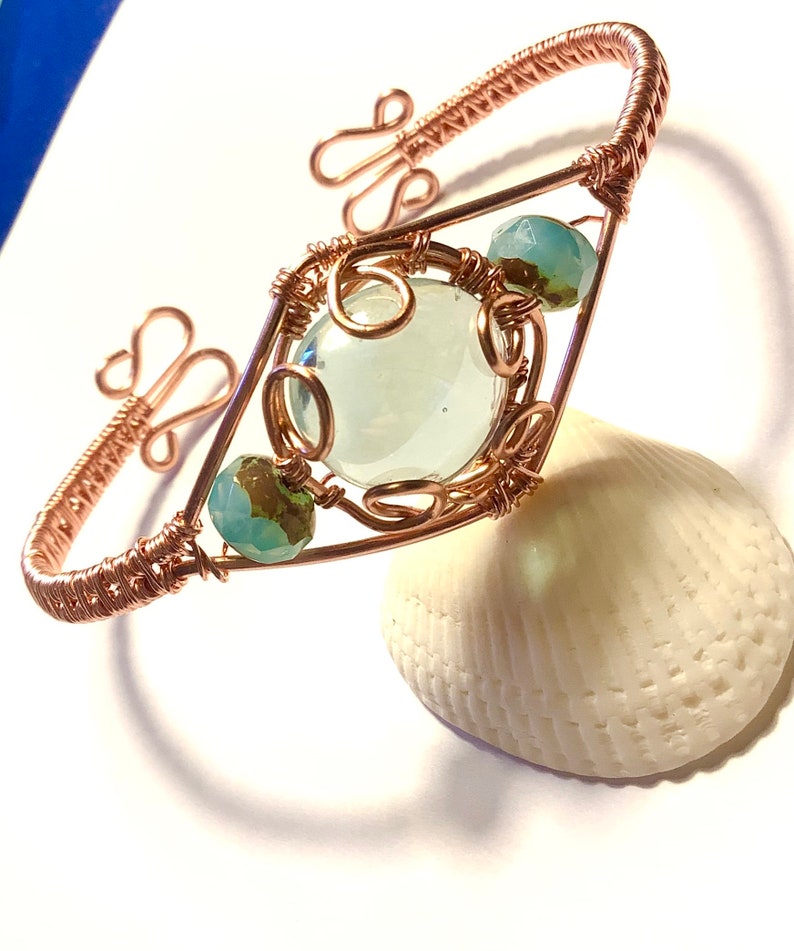 Copper Wire Woven Cuff Bracelet With Wire Wrapped Aqua Glass Etsy