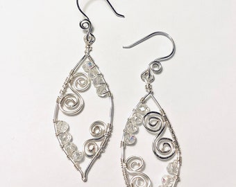 Silver Leaf Shape Earrings with Swirls and Clear Crystals