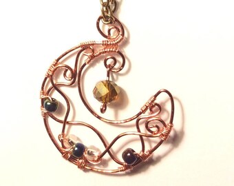 Copper Crescent Moon Pendant With Rainbow Metallic Beads and Crystals Boho Necklace