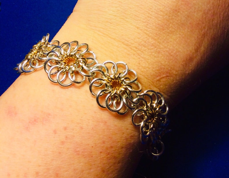 Silver and gold Chrysanthemum Flower Chainmaille Bracelet