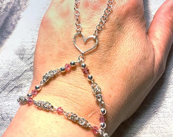 Silver Heart Slave Bracelet Byzantine Chainmaille with Pink Bicone Beads
