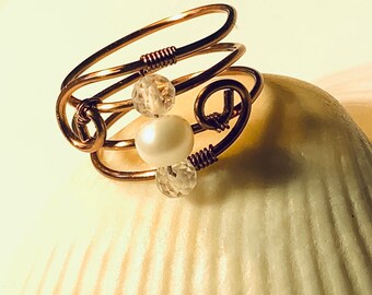 Antique Copper Wire Wrap 3 Band Ring with Fresh Water Pearl and Clear Quartz Crystals