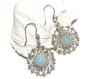 Pendientes de plata con forma de flor de ágata color verde mar