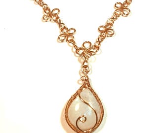 Copper Wire Wrapped Teardrop MoonStone Pendant