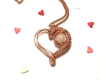 Copper Wire Woven Heart Pendant with Rose Quartz Bead