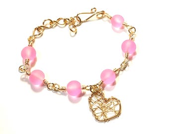 Gold Bracelet with Pink Frosted Glass Beads and Gold Heart Charm