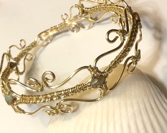 Gold Victorian Style Wire Wrap Bracelet with Picasso Pistachio Pinch Beads