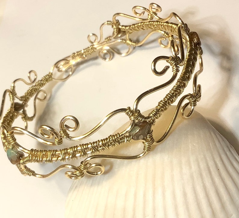 Gold Victorian Style Wire Wrap Bracelet with Picasso Pistachio Pinch Beads image 1