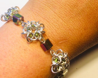 Silver Vipera Star Chainmaille Bracelet with 2 tone metallic purple green Square beads