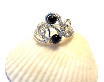 Silver Wire Wrap Curvy Swirls Ring with Black Onyx Beads