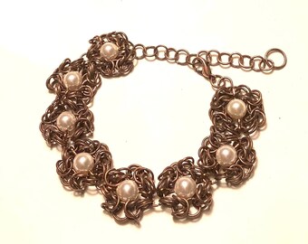 Copper Romanov Byzantine Chainmail Bracelet w/White Swarovski Pearls