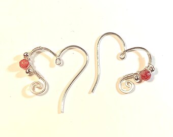 Argentium Silver Earhook Heart Earrings with Silver and Pink Agate Beads