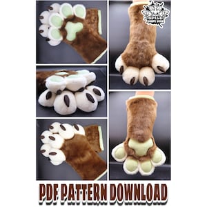 May include: A PDF pattern download for making furry paw hand puppets. The image shows a pair of brown and white furry paws with green paw pads. The paws are shown in different positions, including a close-up of the paw pads.