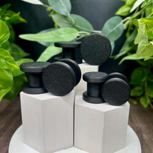 May include: Black ear gauges displayed on white pedestals. The gauges have a textured, circular front and a cylindrical base. The background features green foliage, creating a contrast with the black gauges and white pedestals.