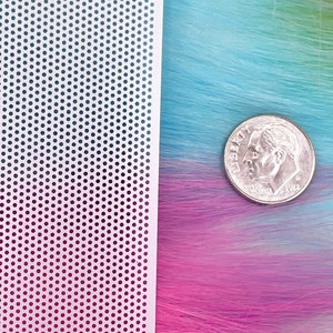May include: A white sheet of perforated plastic with 0.8 mm holes, next to a strand of multi-colored synthetic hair with a US dime for scale.