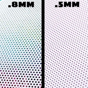 May include: Close-up of two white surfaces with a pattern of small, evenly spaced holes. The surface on the left has a .8mm hole size and the surface on the right has a .5mm hole size.