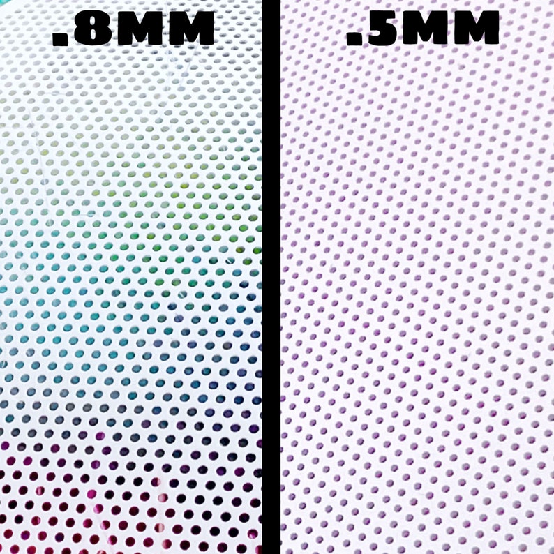 May include: Close-up of two white surfaces with a pattern of small, evenly spaced holes. The surface on the left has a .8mm hole size and the surface on the right has a .5mm hole size.