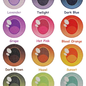May include: Twelve different colored eye designs with a white pupil and a white highlight. The colors are lavender, twilight, dark blue, grape, hot pink, blood orange, dark brown, hazel, sunset, forest green, lime green, and mint.