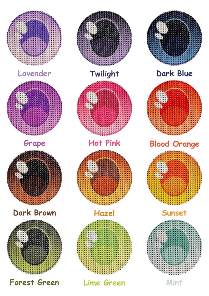 May include: Twelve different colored eye designs with a white pupil and a white highlight. The colors are lavender, twilight, dark blue, grape, hot pink, blood orange, dark brown, hazel, sunset, forest green, lime green, and mint.